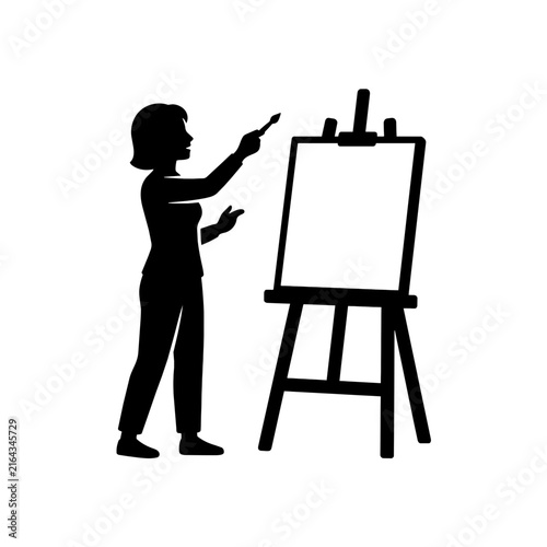 Woman artist painting on easel silhouette icon