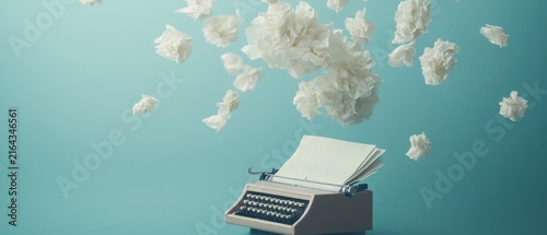 Vintage typewriter with blank paper and floating crumpled paper clouds against a teal background, symbolizing the creative writing process and inspiration
