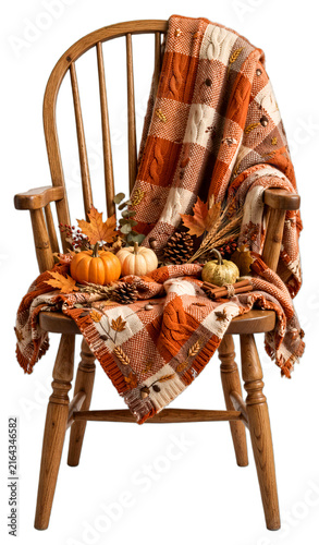 Thanksgiving Chair With Blanket and Pumpkins Isolated on Transparent Background