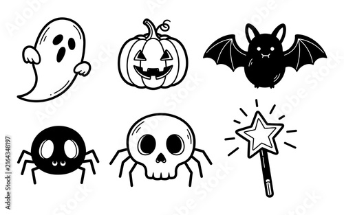Set of cute black halloween icons including ghost pumpkin bat spider skull and magic wand design