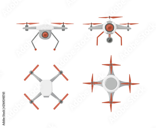 Set of quadcopter drones front and top views.