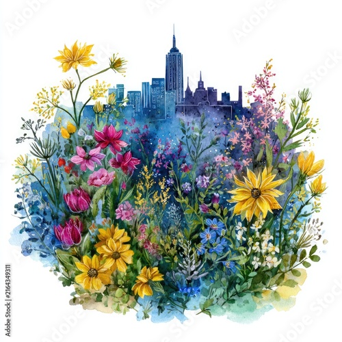 Delicate watercolor cityscape framed by flowers and lush foliage. Soft urban scenery, botanical illustration, floral decoration, and artistic wall art.