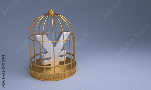 Silver yen symbol trapped inside a golden birdcage