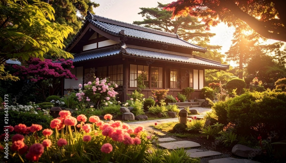 Fototapeta premium チューリップの庭が広がる夕暮れの日本家屋