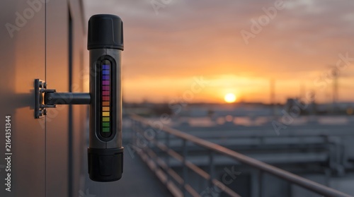 Industrial sensor with rainbow indicator at sunset