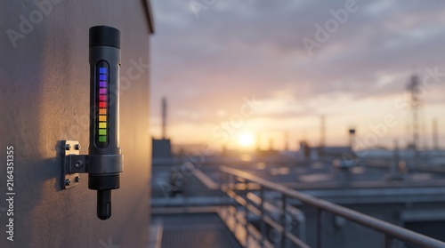 Industrial sensor with rainbow indicator on wall at sunset