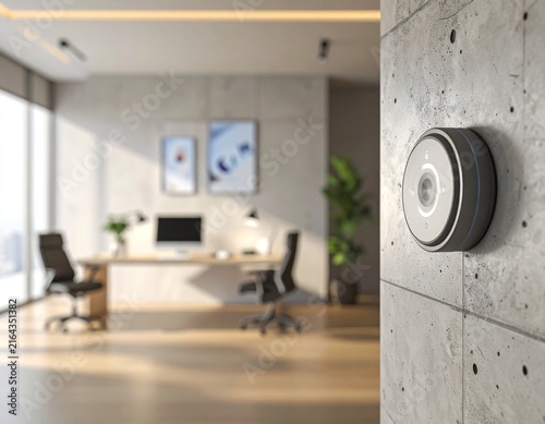 Smart thermostat mounted on a concrete wall in a modern office interior