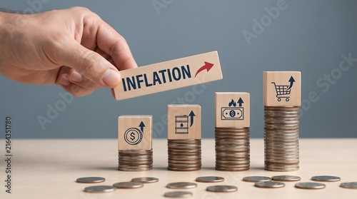 Rising inflation concept with wooden blocks and coins