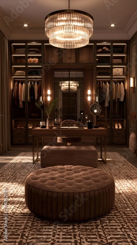 Luxury walk in closet interior design with chandelier and dressing area
