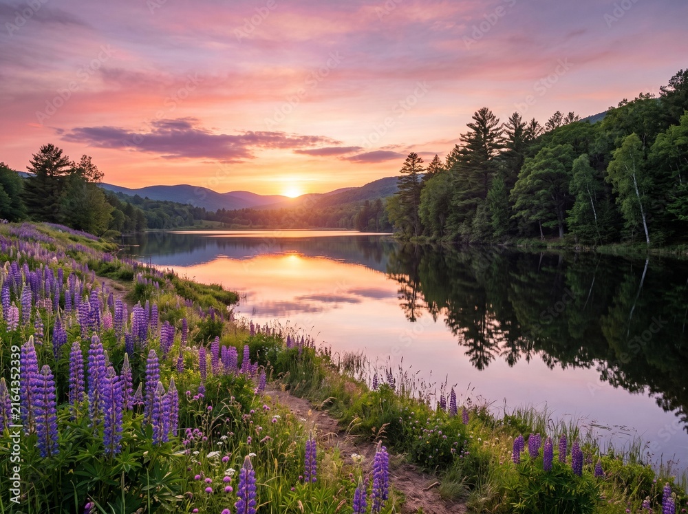 Obraz premium Serene mountain lake at sunset with blooming purple lupine flowers lining a path under colorful twilight skies.