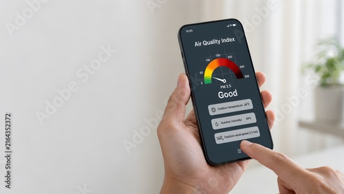 Person checking air quality app on smartphone showing good levels