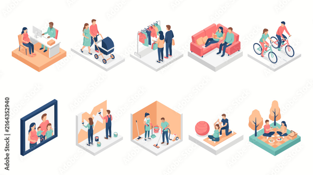 Naklejka premium Set of 10 Flat Isometric Vector Pregnant Couple and Parenting Scene Icons