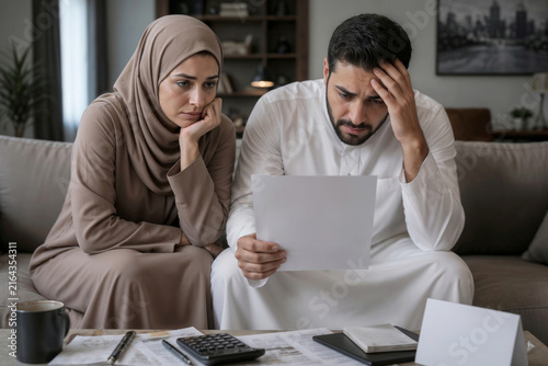 An Arab couple sits on the sofa, worried about the bad news. The woman bows her head, her eyes downcast. The man clutches the bad document, his hand to his forehead.