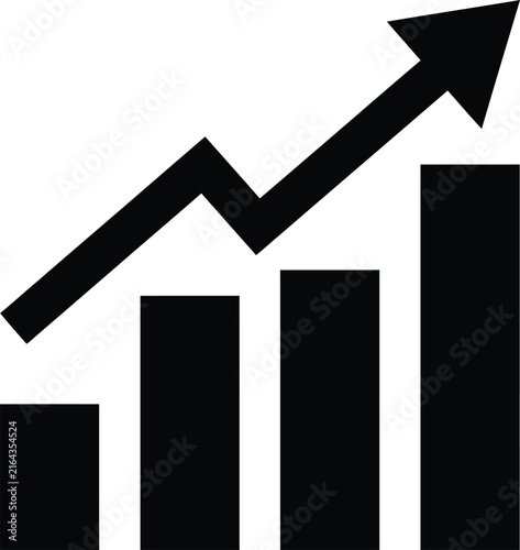 A minimalist black and white graphic icon showing a series of four vertical bar charts with an upward trending arrow indicating business growth