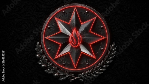 3D Illustration of Azerbaijan Military Emblem with Eight Pointed Star and Red Flame