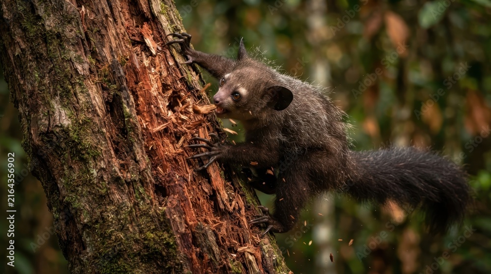 Naklejka premium Aye-aye primate foraging for insects in a decaying tree trunk in Madagascar