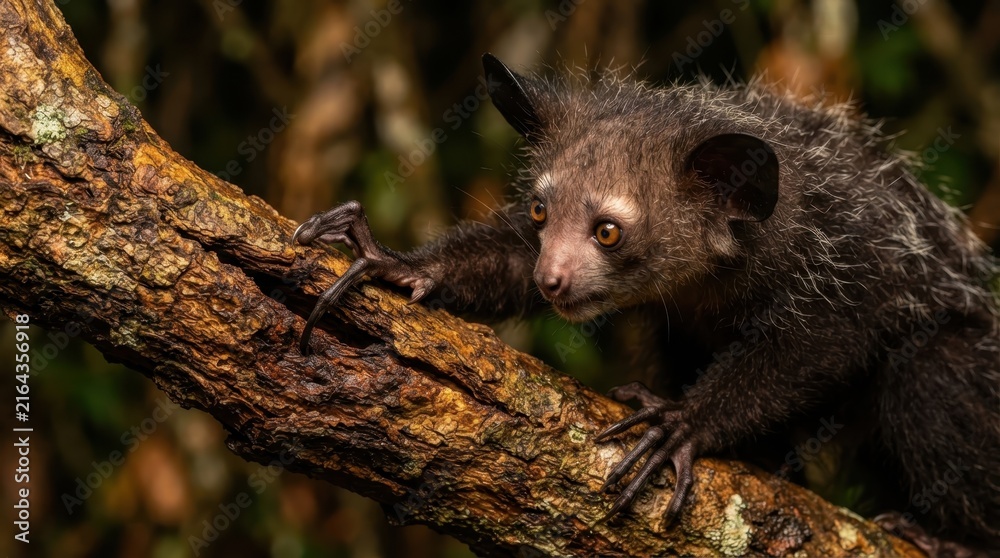 Naklejka premium Aye-aye primate with large ears and orange eyes clings to a mossy tree branch
