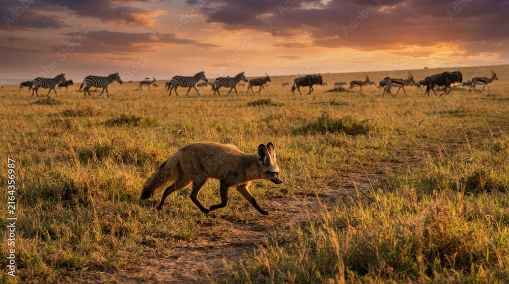 Naklejka premium Bat-eared fox trots across savanna with herd of wildebeest and zebras at sunset