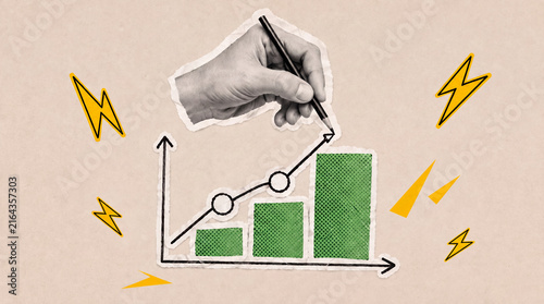 Pop Art Halftone Hand Drawing Rising Bar Chart, Business Growth and Financial Success Concept in Torn Paper Collage Style