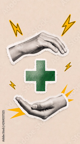 Pop Art Halftone Hands Protecting Medical Cross, Healthcare Support and Patient Care Concept in Distressed Torn Paper Collage Style, Vertical bg