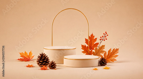 Elegant Autumn Product Display with Blank Cream Pedestals, Orange Maple Leaves and Pinecones on Warm Beige Background, Seasonal Decor, Fall Aesthetic