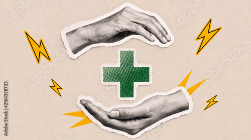 Pop Art Halftone Hands Protecting Medical Cross, Healthcare Support and Patient Care Concept in Distressed Torn Paper Collage Style
