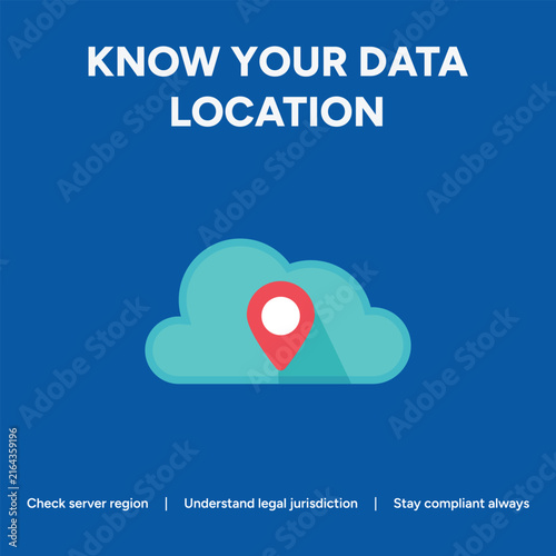 Cloud data location vector illustration, cybersecurity information privacy concept, server region compliance graphic with map pin icon, digital storage jurisdiction awareness banner