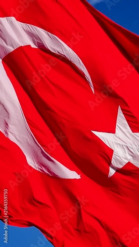 Turkey Flag Waving in a Bright Blue Sky - Cinematic National Pride, Crescent - Star Fluttering in the Wind power energy 