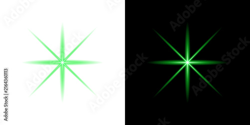 Radiant green starburst light effects isolated on white and black backgrounds featuring sharp beams and soft glowing central core points