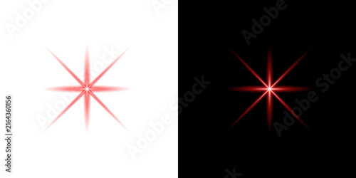 Red glowing starburst symbol featuring eight sharp points designed with vibrant light rays on both white and black background textures