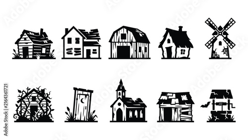 Spooky abandoned village buildings silhouette vector icons for halloween designs