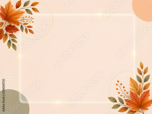 Elegant autumn frame with maple leaves and glass panel background.