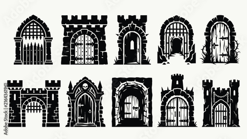 Gothic castle gates and stone archways silhouettes with ancient dungeon entry design elements