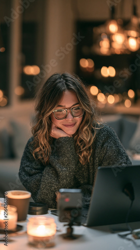 Young Female Freelancer Typing on Laptop at Cozy Desk with Warm Sunlight