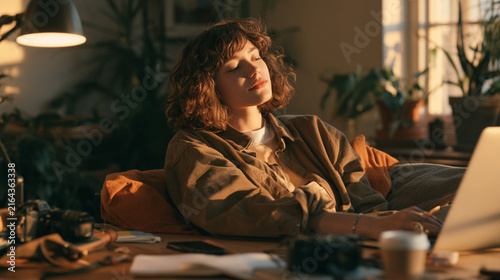 Young Female Freelancer Typing on Laptop at Cozy Desk with Warm Sunlight