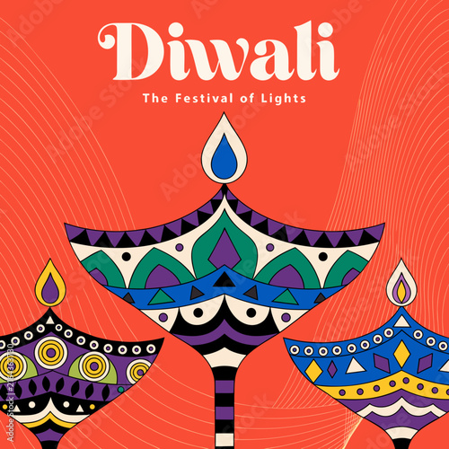 Vector Poster Design Featuring Diwali Oil Lamps and Mandala Motifs on Warm Gradient Background