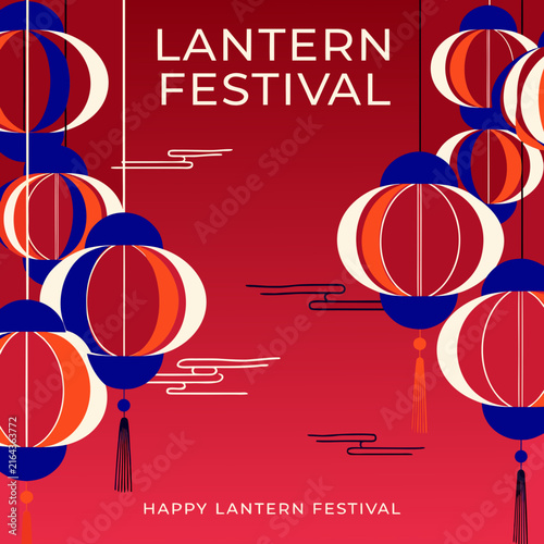 Vector Poster Design of Chinese Lanterns and Cloud Motifs on Deep Red Background for Lunar New Year