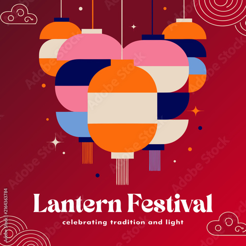 Modern Abstract Illustration of Hanging Chinese Lanterns with Linear Cloud Symbols on Deep Red Gradient