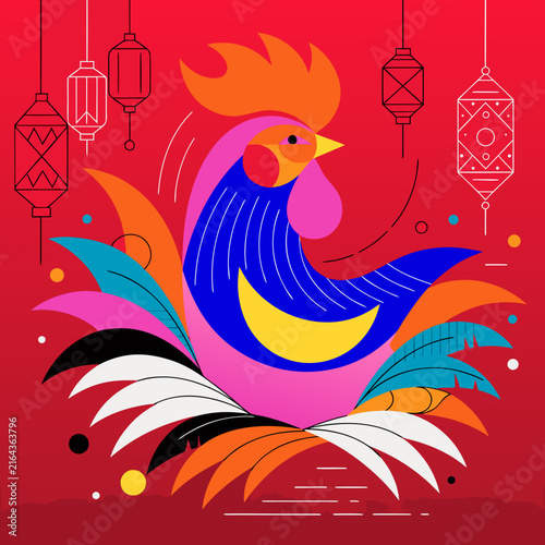 Vector Poster Design Featuring Rooster and Chinese Lanterns for Lunar New Year Celebration