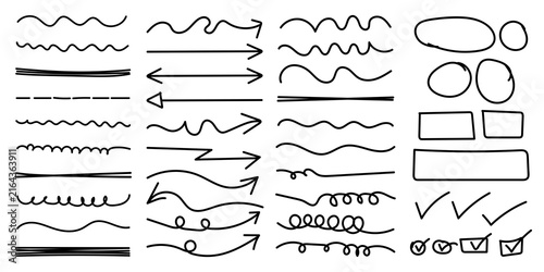 Cuadro en lienzo Collection of hand drawn doodle elements including arrows squiggles lines circle