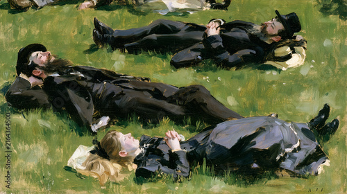 Classic French painting of modern bourgeois figures in a city park