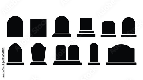 Set of various tombstone silhouettes and grave headstone shapes for cemetery memorial graphic design
