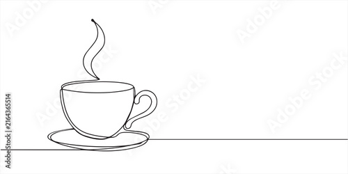 Minimalist Continuous Line Drawing of a Steaming Coffee Cup. 