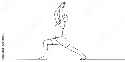 Minimalist Continuous Line Drawing of a Person in Yoga Warrior Pose. 