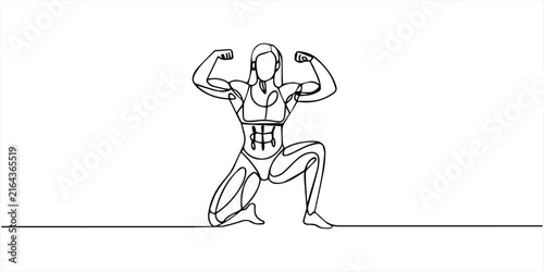 Minimalist Continuous Line Drawing of a Strong Female Bodybuilder Posing. 