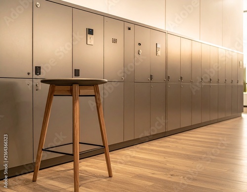 Modern office lockers with electronic locks and stool in contemporary workspace