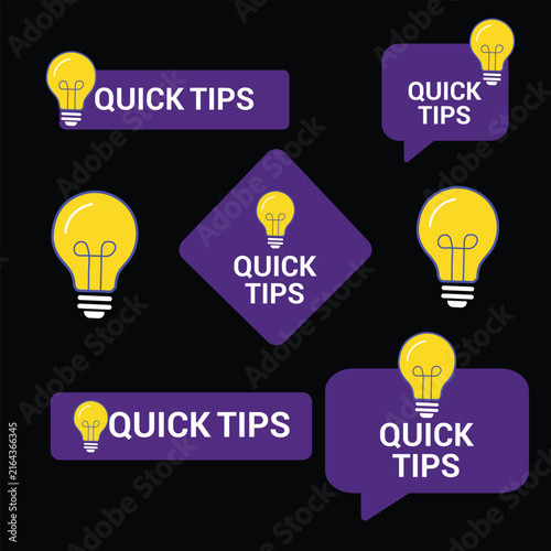 Quick tips label set featuring yellow light bulb icons and purple speech bubbles