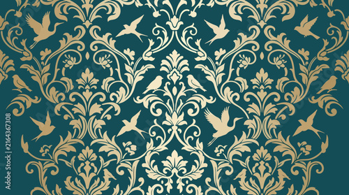 Botanical Flock Damask Wallpaper Pattern Background in Elegant Monochrome Palette