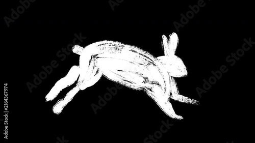 Hand-drawn artistic animation of a fast running rabbit in brush stroke style. Stylized white textured bunny silhouette leaping quickly against dark background, ideal for creative motion graphics