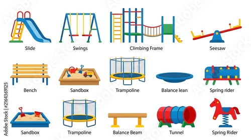Playground equipment collection featuring slides, swings, benches, tunnels and climbing structures